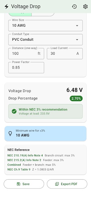 Voltage Drop NEC Tables 8&9 Screenshot 1