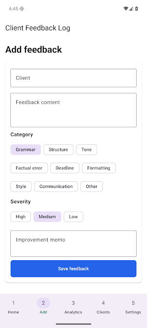 Client Feedback Log Screenshot 1
