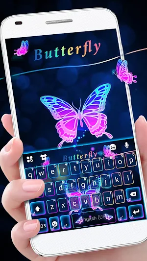 Neon Blue Pink Butterfly Keyboard Theme Screenshot 0