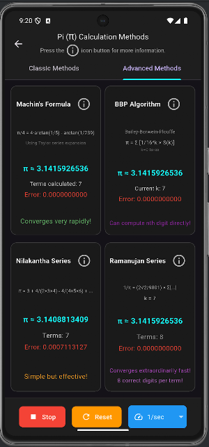 Pi (π) Calculation Algorithms Screenshot 2
