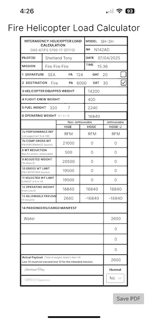 Fire Heli Load Calc Screenshot 2