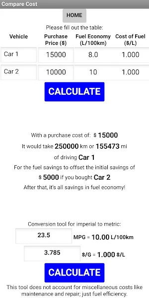 Fuel Economy Calculator Screenshot 2
