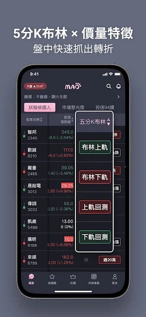 毛毛選股日記-找到短線最具動能的股票，盤中即時監控布林上下軌 Screenshot 3