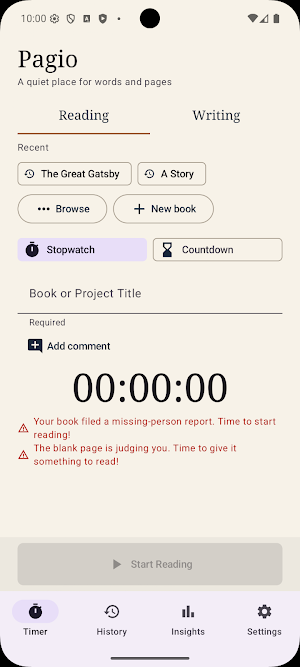 Pagio: Reading & Writing Timer Screenshot 0
