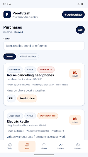 ProofStash Warranty Tracker Screenshot 1