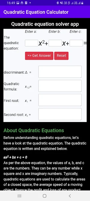Quadratic Equation Calculator Screenshot 2