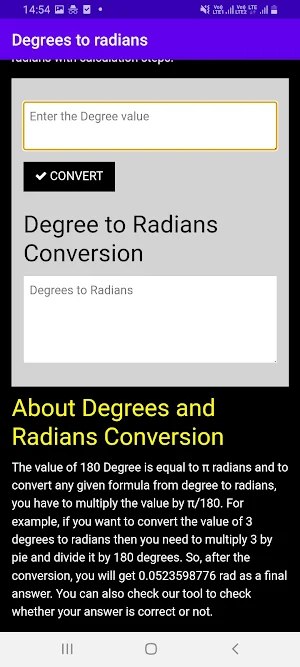 Degrees to Radians Calculator Screenshot 2