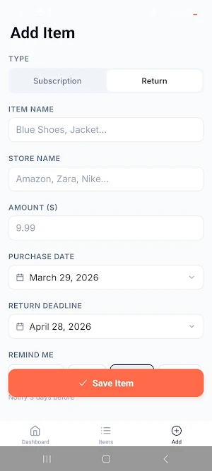 Renew & Return Tracker Screenshot 2