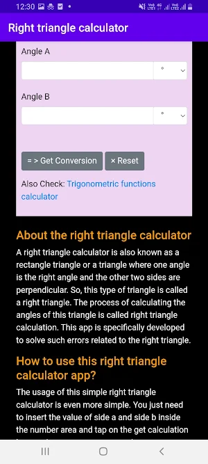 Right triangle calculator Screenshot 2