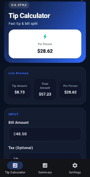 Tip Calculator & Bill Split Screenshot 0