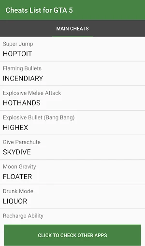 Cheat Codes List for V Screenshot 1