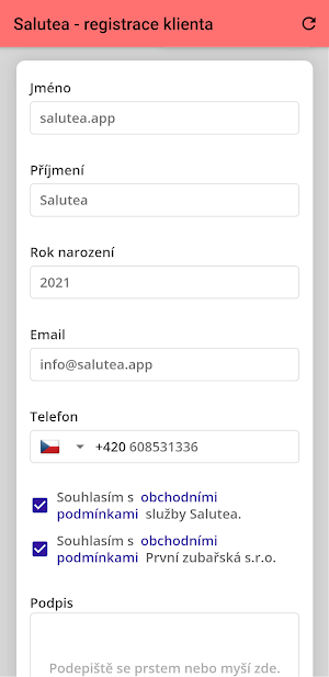 Salutea - registrace klientů Screenshot 1