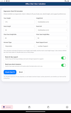 Office Chair Sizer Calculator Screenshot 3