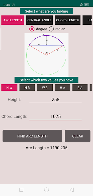 Circle + Arc Calculator Screenshot 3