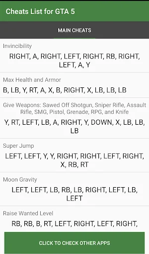Cheat Codes List for V Screenshot 2