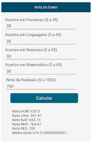 Calculadora de Nota do ENEM Screenshot 2