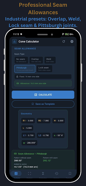 Cone Flat Pattern Calculator Screenshot 3