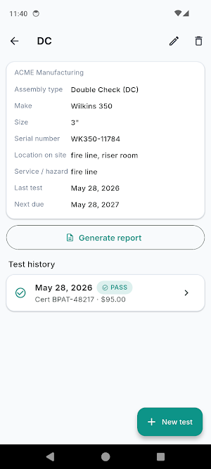 Backflow Test Report Log Screenshot 2