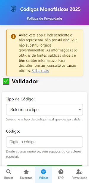 Códigos Monofásicos 2025 Screenshot 2
