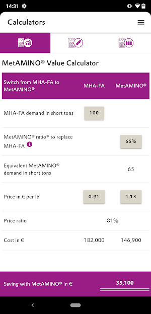 MetAMINO® Value Calculator Screenshot 1