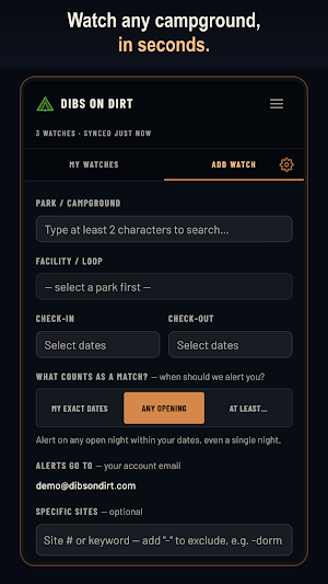 Dibs on Dirt: Campsite Alerts Screenshot 0