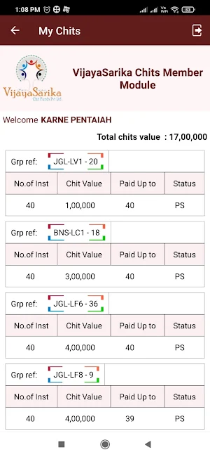 VijayaSarika Chits Member Module Screenshot 0