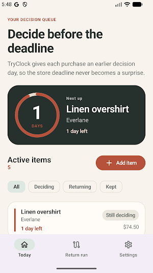TryClock: Return Reminder Screenshot 0