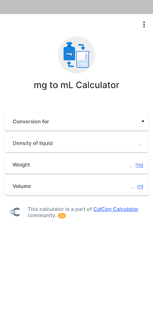mg to mL Calculator Screenshot 0