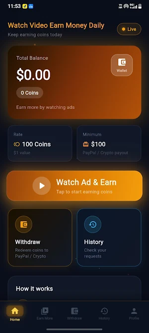 Watch Video Earn Money Daily Screenshot 0
