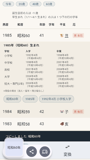 年齢早見表 - 学年・西暦和暦変換・干支・厄年 Screenshot 3