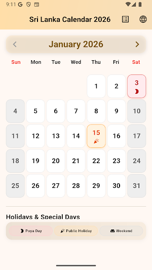 Sri Lanka 2026 Calendar Screenshot 0