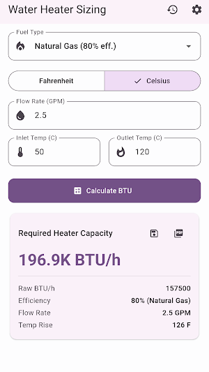 Water Heater Sizing - BTU Screenshot 1
