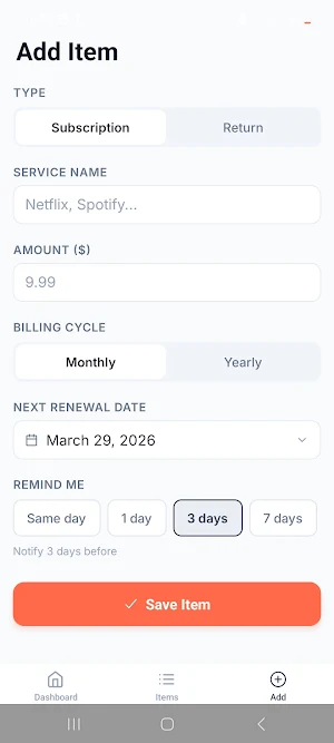 Renew & Return Tracker Screenshot 0