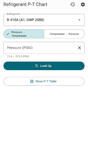 HVAC Refrigerant P-T Chart Screenshot 0