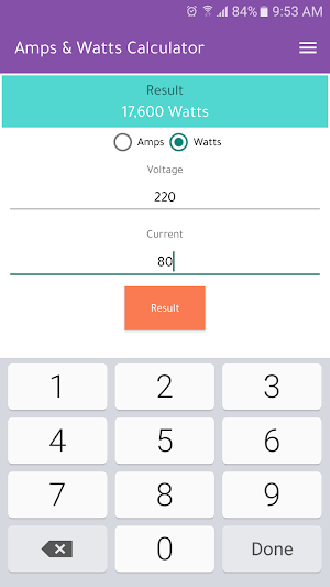 Amps & Watts Calculator Screenshot 2