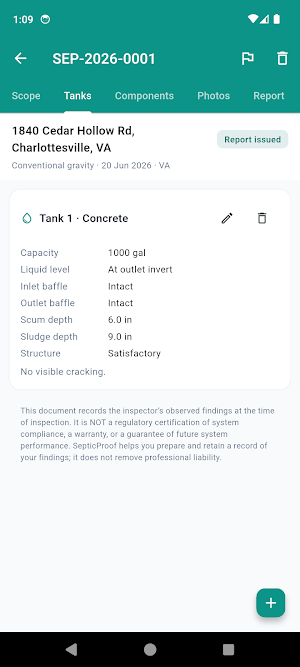 SepticProof: Inspection Log Screenshot 2