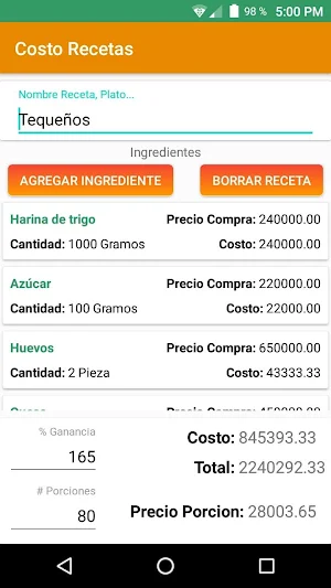 Cost Recipes Screenshot 2