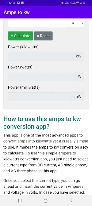 AMPs to KW (Kilowatts) Screenshot 1