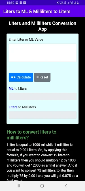 Liters to Milliliter to Liters Screenshot 1