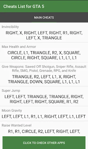 Cheat Codes List for V Screenshot 3