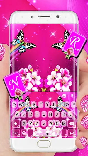 Pink Flower Butterfly Keyboard Background Screenshot 0