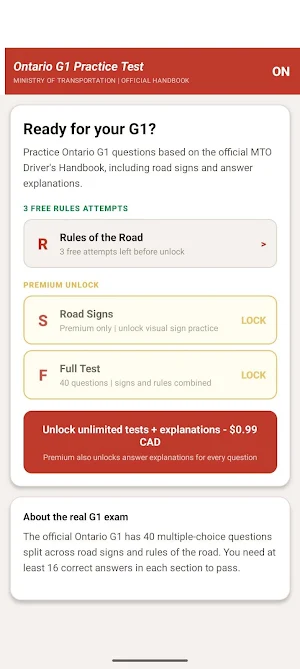 Ontario G1 Practice Test Screenshot 0