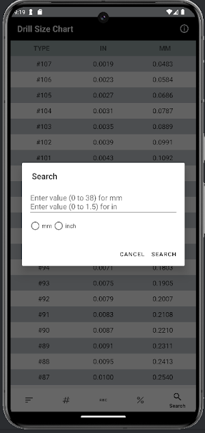 Drill Size Chart Screenshot 1