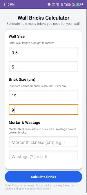 Wall Bricks Calculator Screenshot 1