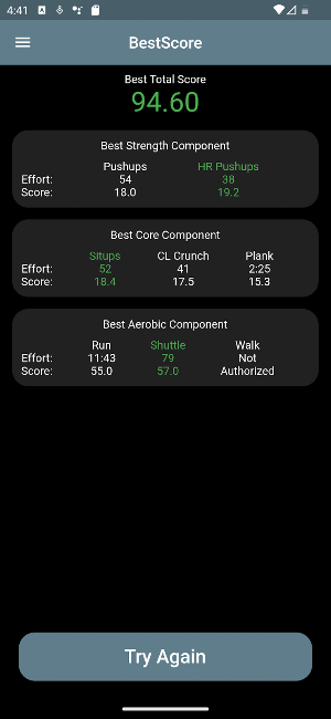 USSF/USAF PFA Calculator Screenshot 1