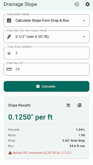 Drainage Slope Calculator Screenshot 1