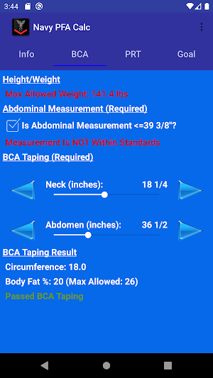 Navy PFA Calc Screenshot 1