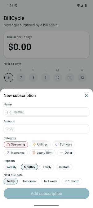 BillCycle Screenshot 1