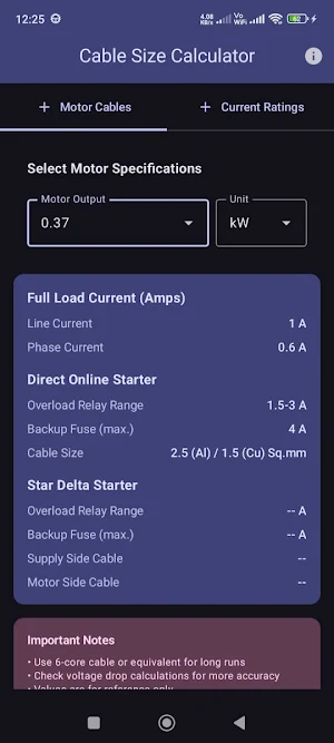 Motor Cable Size Calculator Screenshot 3