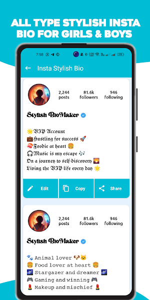 Stylish BioMaker- Fb Insta Bio Screenshot 2